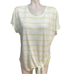 Bobeau Striped White and Green scoop neck pullover tie front top, size L